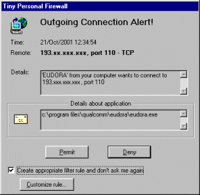 Le logiciel Tiny personal firewall affiche une alerte à chaque tentative de connexion d'une application