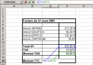 Saisie d'une formule sous Microsoft Excel